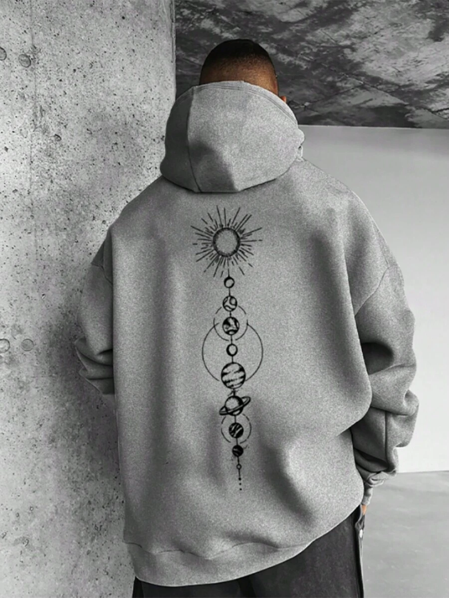Manfinity EMRG 男式太陽與行星印花落肩抽繩超大連帽衫 - 灰色 - 查看 1