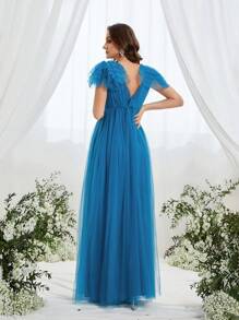 Maternity Plunging Neck Ruffle Sleeve Slit Mesh Party Elegant Dress - Teal Blue - View 3