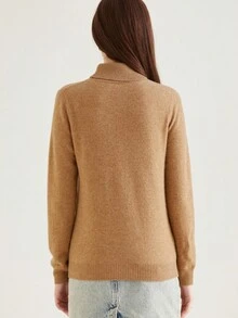 女士100%美利奴羊毛高领毛衣秋冬保暖柔软针织复古毛衣长袖套头衫 - 卡其色 - 查看 2