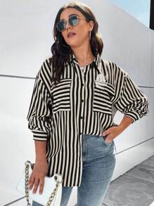 Flirla Plus Size Striped Printed Drop Shoulder Shirt - Black and White - View 7