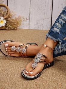 Rhinestone Detail Summer Elegant Flat Sandals - Gold - View 6