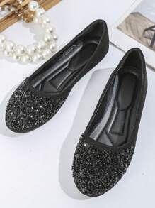 Women's Large Size Round Toe Slip-on Ballet Flats With Glitter Detail In Black - Beige - View 4