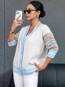 SHEIN Essnce Women's Color Block Drop Shoulder Cardigan With Front Button-up - Multicolor - View 4