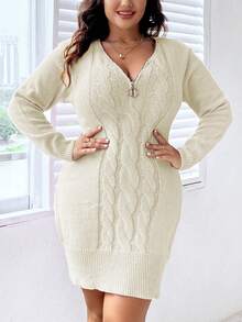 Celure Plus Size Twisted Cable Knit Sweater Dress - Apricot - View 3