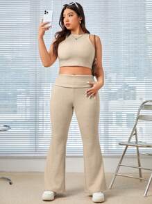 SHEIN EZwear Apricot Color Knitted Women's Plus Size Slim Fit Suit