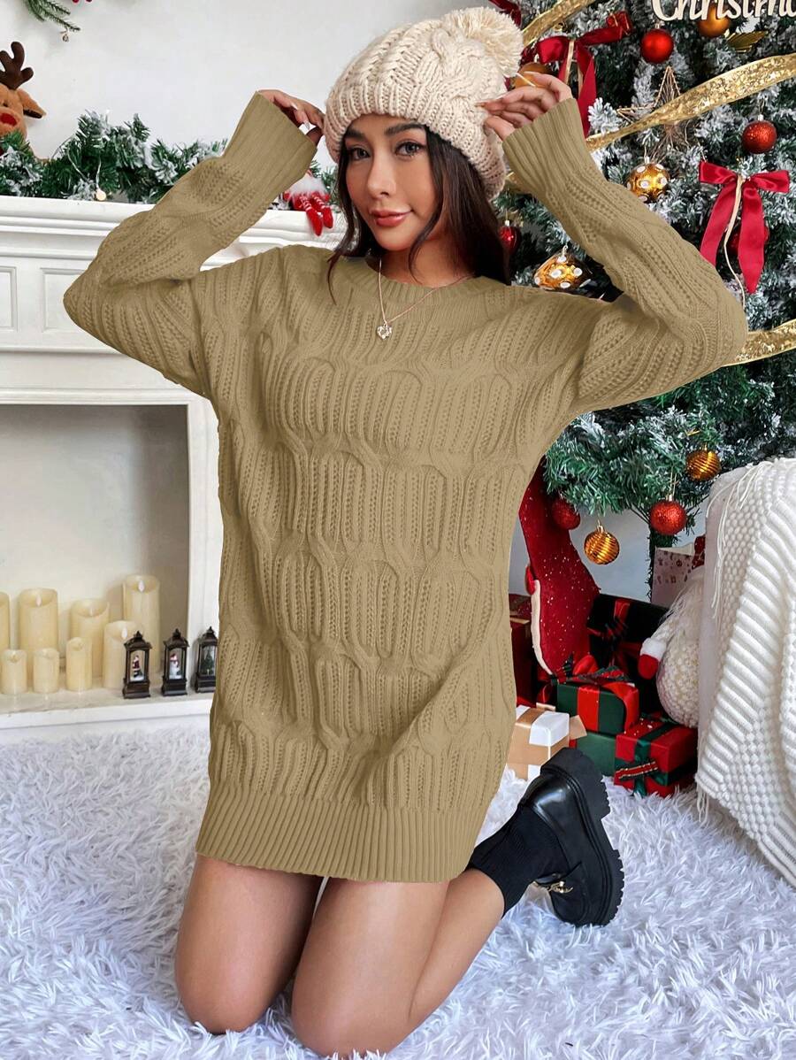 SHEIN Unity 女式紋理休閒毛衣連身裙 - 駝色 - 查看 1