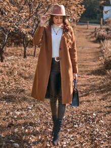 SHEIN Clasi 女式鈕扣式翻領腰帶羊毛外套 - 咖啡棕 - 查看 1