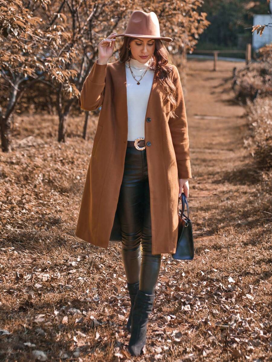 SHEIN Clasi 女式鈕扣式翻領腰帶羊毛外套 - 咖啡棕 - 查看 1