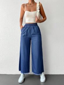 EURMUSE 100%Cotton Wide-Leg Pants With Elasticated Waist And Diagonal Pockets - Dark Wash - View 6