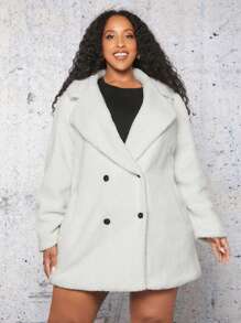 SHEIN CURVE+ 加翻領雙排扣泰迪熊大衣 - 白色 - 查看 3
