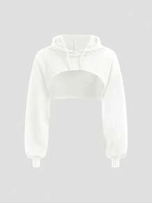 SHEIN Girlism Tween Girl Drop Shoulder Super Crop Sweatshirt Without Cami Top,In Fall/Winter - White - View 1