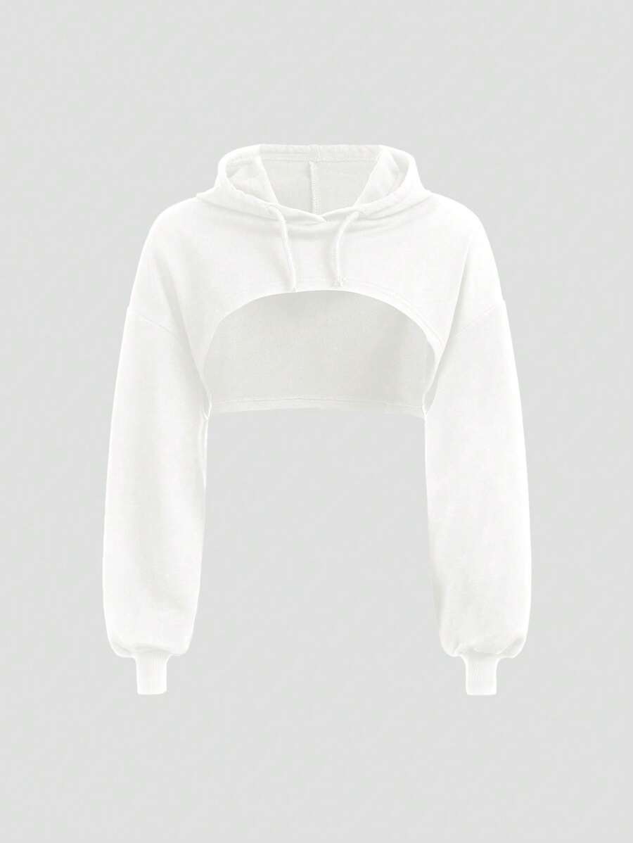 SHEIN Girlism Tween Girl Drop Shoulder Super Crop Sweatshirt Without Cami Top,In Fall/Winter - White - View 1