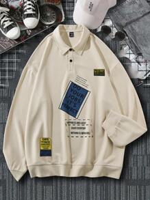 Manfinity Hypemode 男裝寬鬆鬆身掉肩鈕扣半排扣運動衫,印有字母圖案 - 杏色 - 查看 4