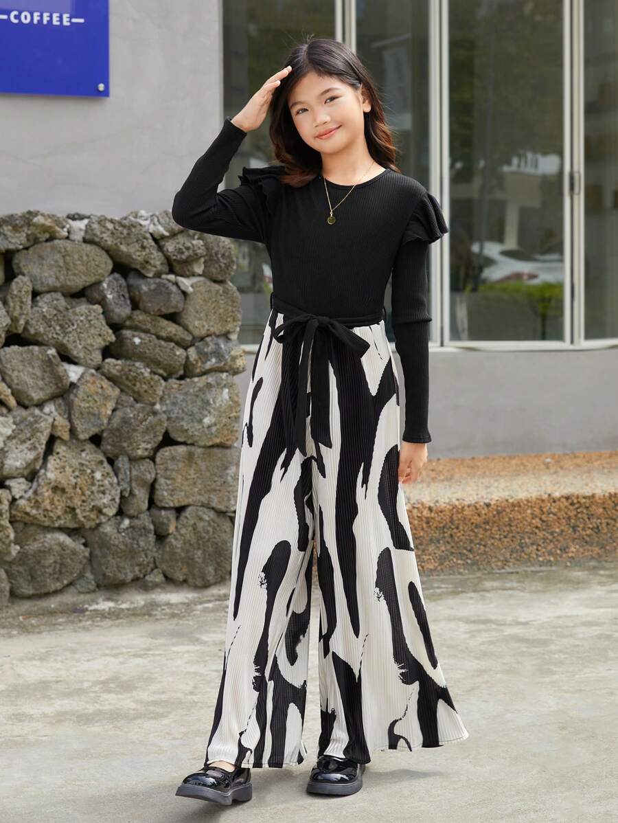 SHEIN 少女襯邊腰帶跳躍裝 - 黑與白 - 查看 1