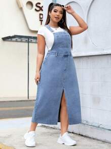 SHEIN EZwear 大尺碼牛仔分裂背帶裙 - 中等水洗藍 - 查看 1