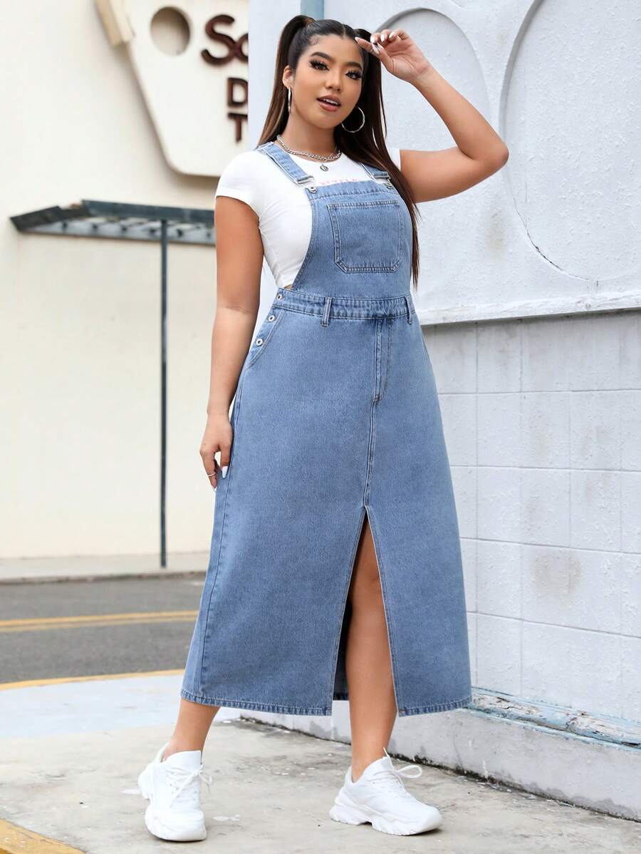 SHEIN EZwear 大尺碼牛仔分裂背帶裙 - 中等水洗藍 - 查看 1