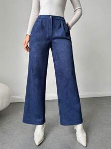 RueChic Blue Straight Leg Pants With Slant Pockets - Navy Blue - View 3