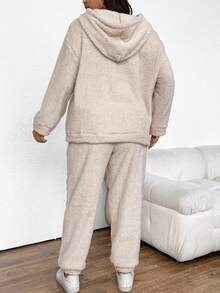 SHEIN Frenchy Kích thước lớn Lông cừu Hoodie Và Quần Bộ - Màu be - Xem 2