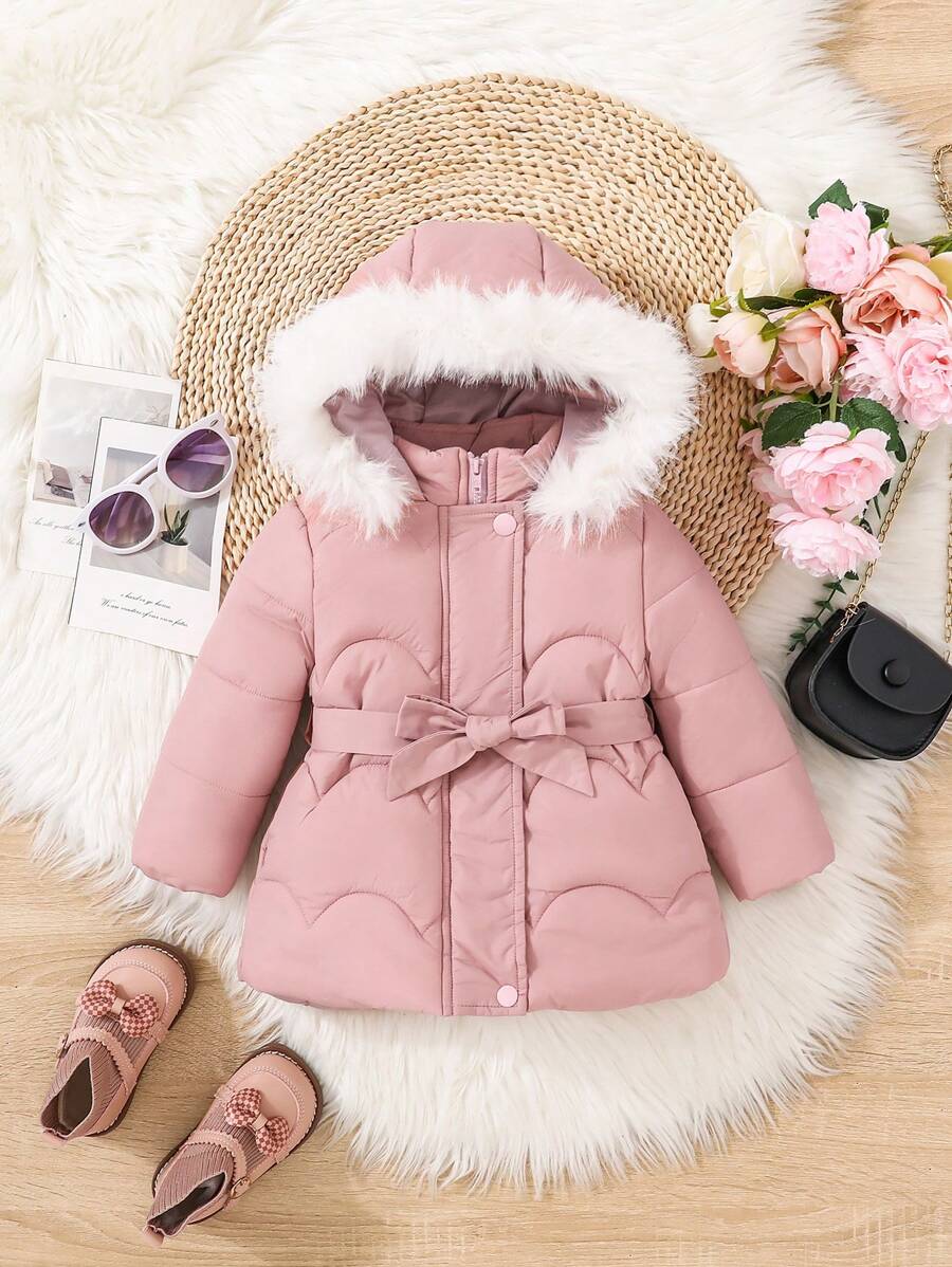 SHEIN 女婴同款系带毛绒装饰连帽棉服外套