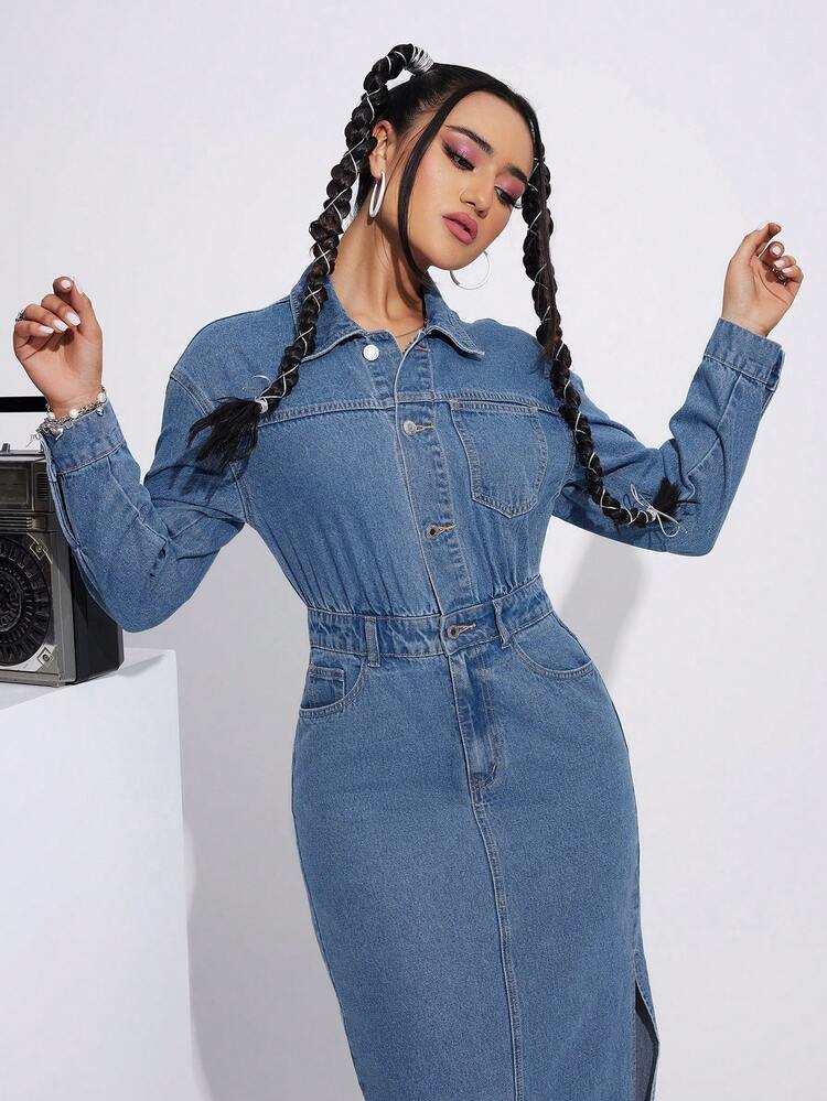 Women'S Denim Side Slit Dress
