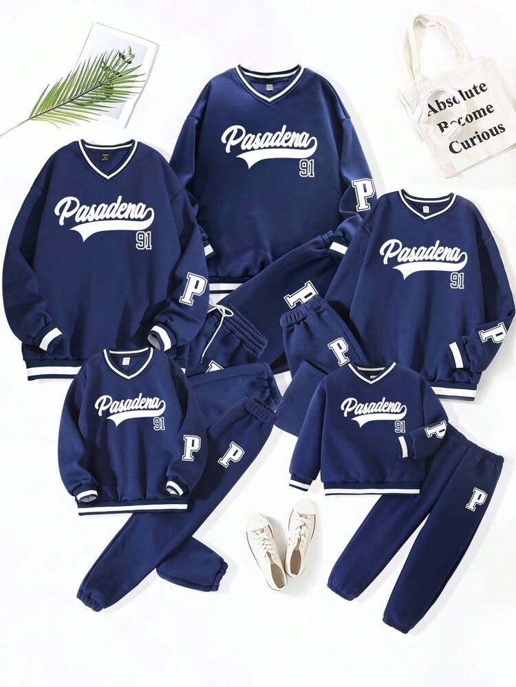 Tween Girls' Casual College Style V-Neck Letter Printed Sweatshirt And Corduroy Pants Set With Thermal Lined , Autumn Winter, Family Matching Outfits, Mommy And Me (Sets Sold Separately)