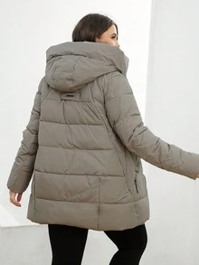 GASMAN Chaqueta de invierno con capucha, cordón y bolsillos para mujeres de talla grande - Caqui - Ver 2