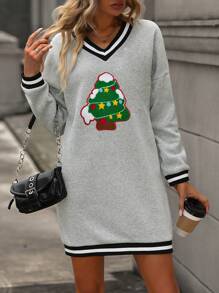 Của phụ nữ Cây thông noel Vá lại Sọc Cắt tỉa Đầm nỉ - Xám - Xem 1