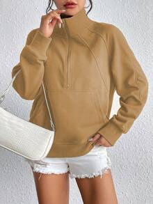 SHEIN Unity 女式拉鍊半扣領套頭衫,線插肩袖設計 - 卡其色 - 查看 3