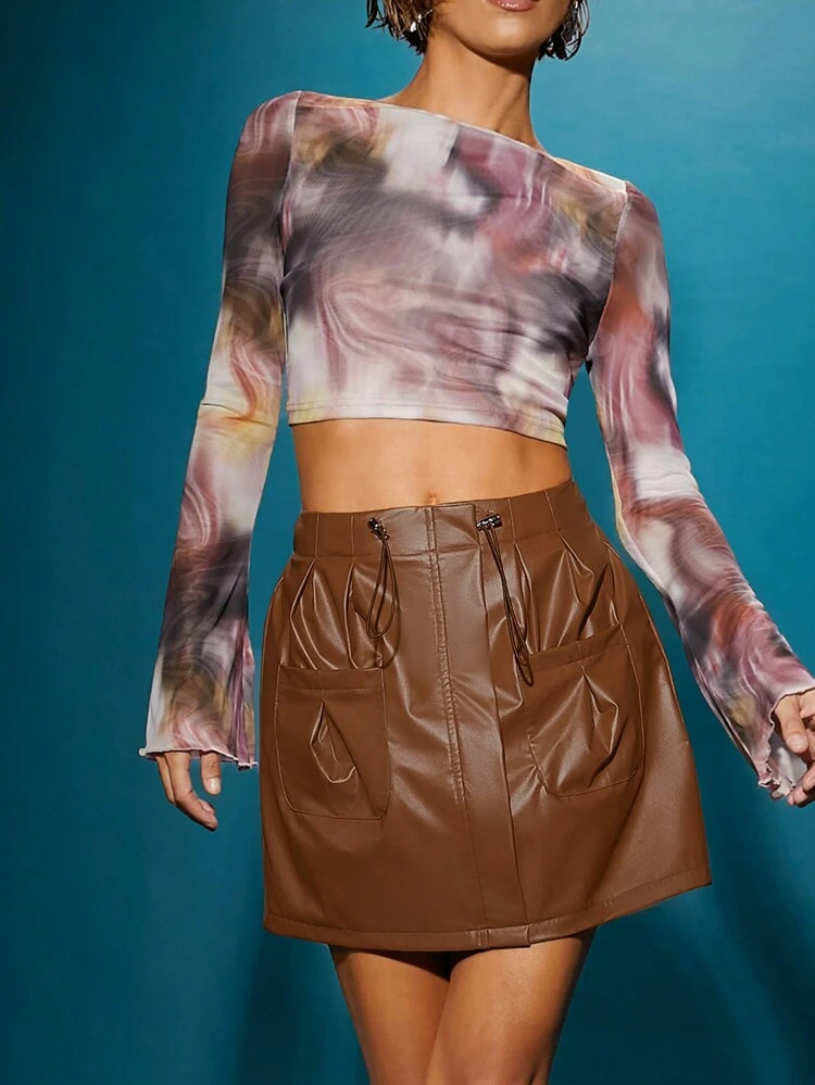 Drawstring Pleated PU Leather Skirt