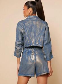 SHEIN Unity Lapel Neck Crop Metallic Denim Jacket - Gold - View 3