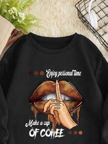 SHEIN EZwear 女裝加大尺碼字母印花黑色運動衫 - 黑色 - 查看 5