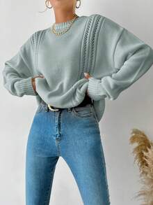 RueChic Của phụ nữ Thả vai Áo len dệt kim Với Thiết kế rỗng - Màu xanh ngọc - Xem 3