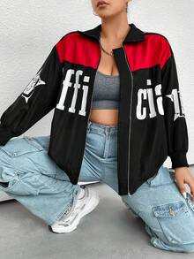 SHEIN Coolane Plus Letter Graphic Colorblock Drop Shoulder Jacket - Multicolor - View 7