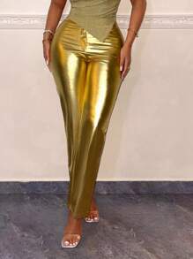 SHEIN SXY Metallic Pu Leather Party Women's Pants - Gold - View 6