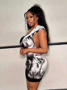 Slaydiva Sexy Gothic Figure Print Knitted Fabric Floral Ruffle Cowl Neck Hooded Backless Bodycon Black & White Mini Dress For Women - Multicolor - View 4