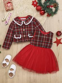 Young Girl Contrast Wave Tape Tweed Jacket & Mesh Overlay Dress - Red - View 1