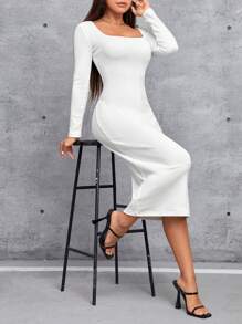 SHEIN PETITE Solid Color Square Neck Bodycon Dress - White - View 1