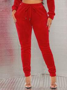 SHEIN SXY Sang trọng Thể thao Giản dị Quần , Đỏ  Của phụ nữ Dài Vừa sát người Quần thể thao Đối với Thời gian rảnh rỗi Và Nhà - Đỏ - Xem 1