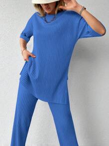 EURMUSE Cutout Ribbed Top And Split Hem Pants Set - Blue - View 3