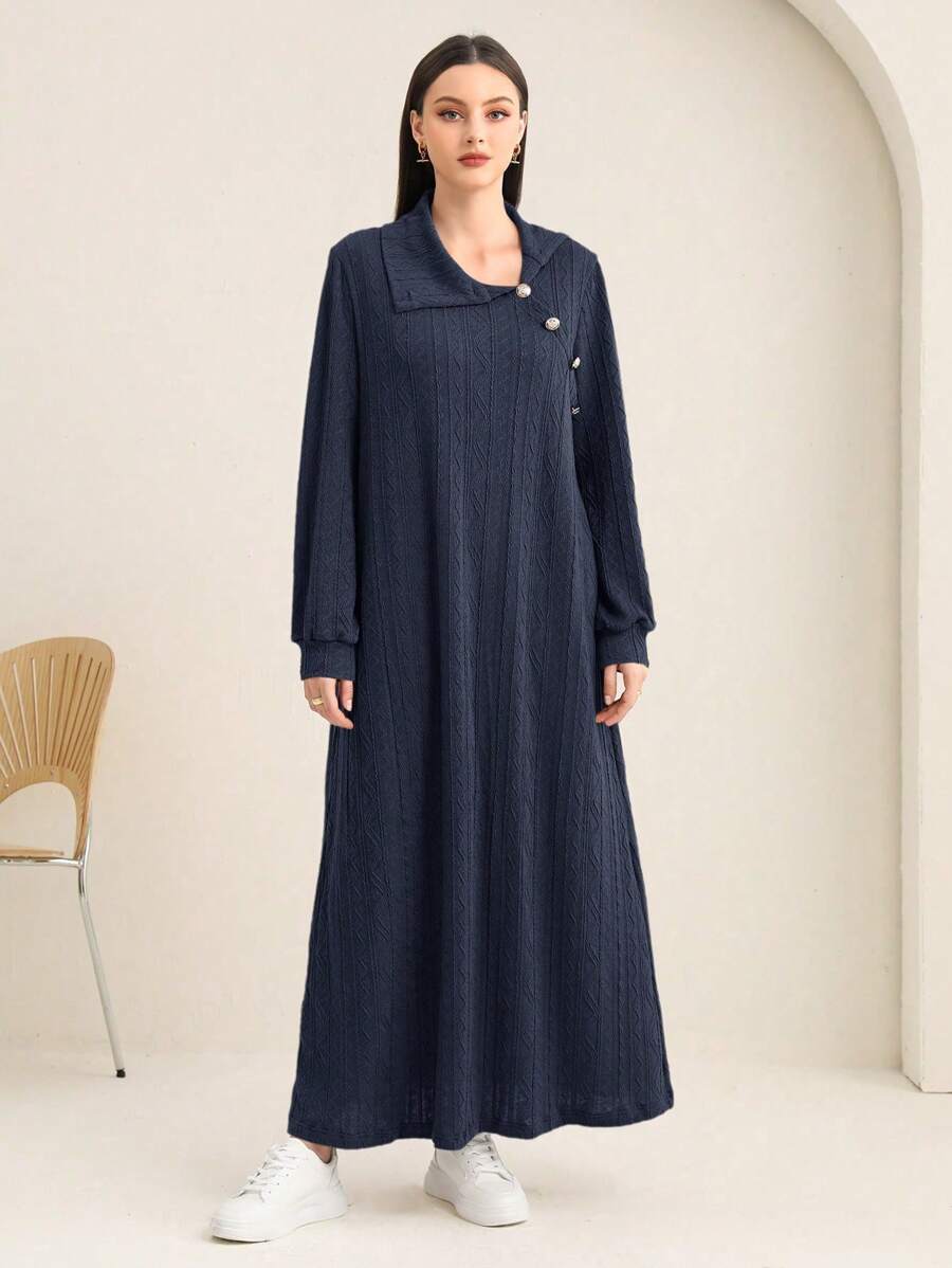 Seusyu 女式不对称领扣装饰阿拉伯连衣裙 - 藏蓝色 - 查看 1