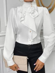 Firerie Women's Ruffle Peplum Hem Puff Sleeve Work Women Blouse,Long Sleeve Tops