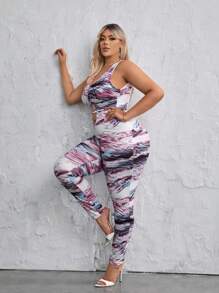 SHEIN SXY 大碼滿版印花鏤空彈力緊身連體褲 - 紫色 - 查看 4