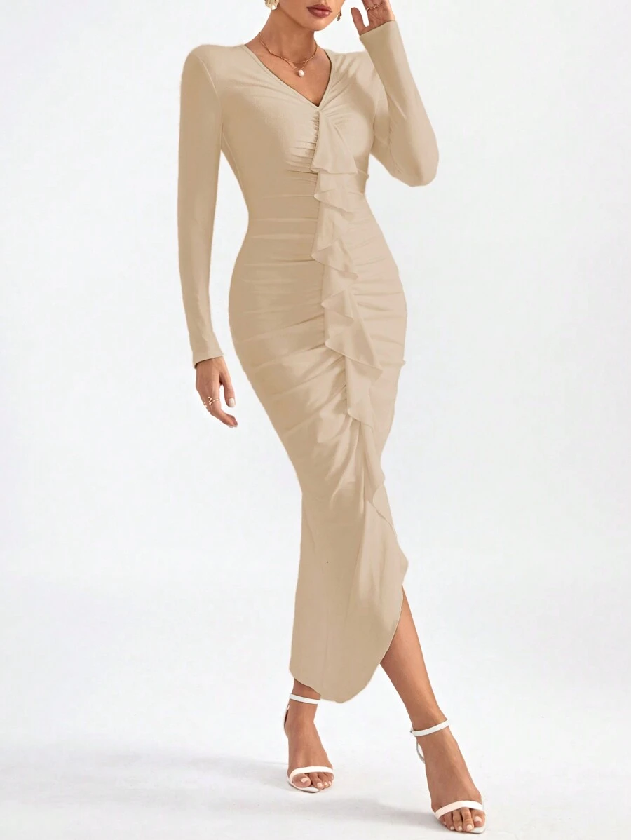 SHEIN Privé Ruffle Trim Ruched Asymmetrical Hem Bodycon Dress - Apricot - View 1