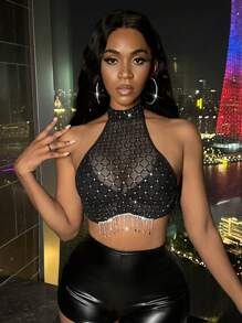 SHEIN Slayr 水鑽流蘇下擺繞頸短上衣 - 黑色 - 查看 1