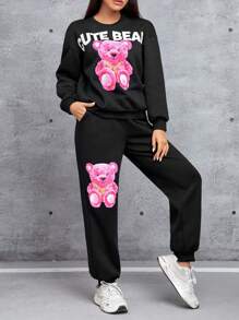 SHEIN PETITE 小熊和字母圖案下垂肩毛衣和運動褲 - 黑色 - 查看 1