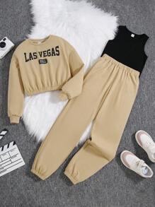 3pcs/Set Tween Girls' Leisure Letter Print Sweatshirt, Drawstring Sweatpants And Solid Color Tank Top - Multicolor - View 1