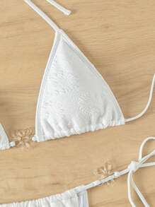 SHEIN Swim Women's Flower Pressed Halter Neck & Side Tie Bikini Set Summer - White - View 7