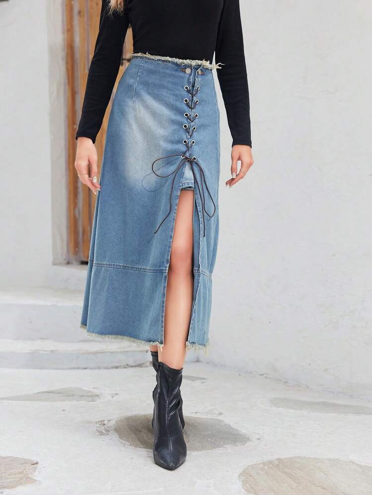 Grommet Lace Up Front Raw Trim Denim Skirt