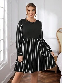 SHEIN Privé Kích thước lớn Thanh lịch Sọc Đầm - Đen và trắng - Xem 5