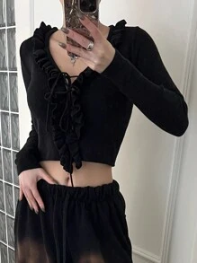 DAZY Women'S Frilled Hem Belted Long Sleeve Sweater,Ruffle Crop Women Tops Fall - Black - View 6